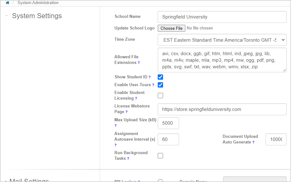 The System Settings page fields are shown.